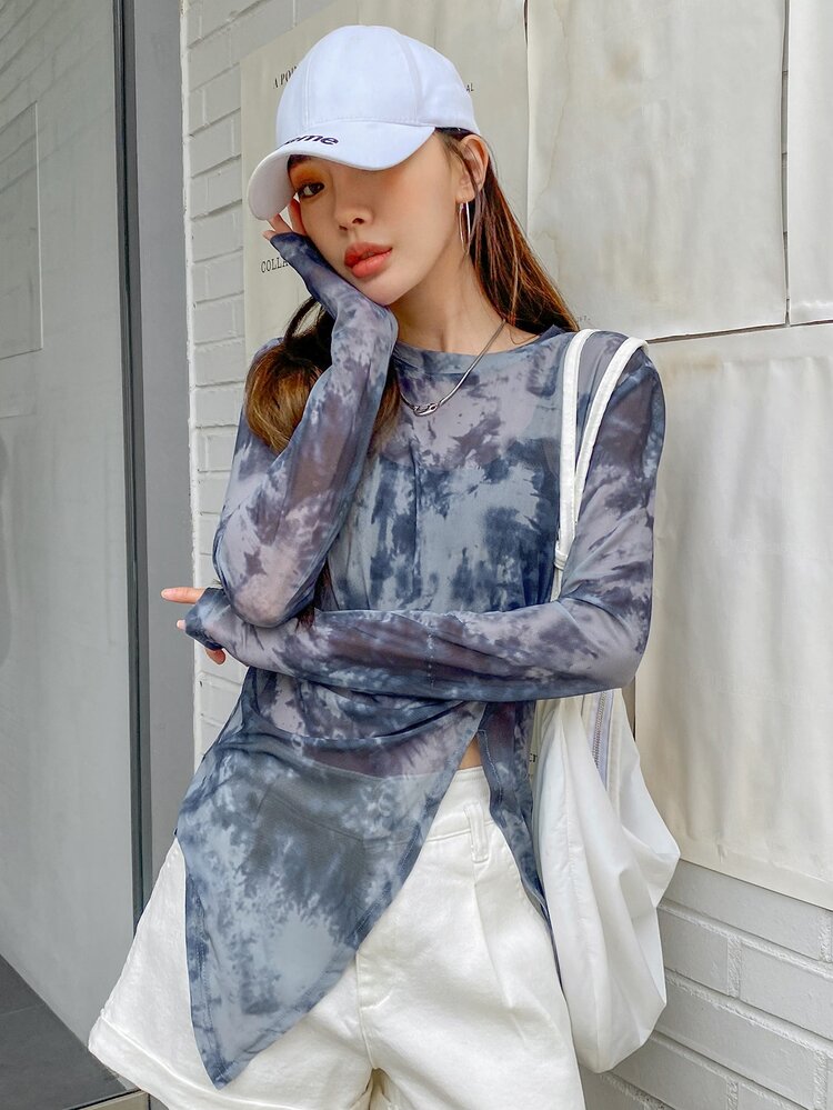 DAZY Tie Dye Ruched Split Hem Top,Fall Clothes Long Sleeve Women Tops - Blue and White - View 5
