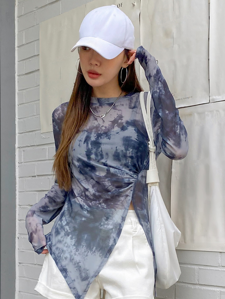 DAZY Tie Dye Ruched Split Hem Top,Fall Clothes Long Sleeve Women Tops - Blue and White - View 1
