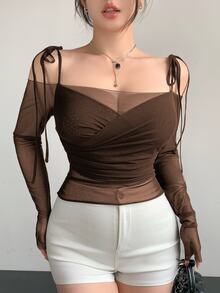DAZY Sheer Mesh Patchwork Tie-Front Off Shoulder Long Sleeve Crop Top For Women, Suitable For Party, Back To School, Spring/Summer Going Out Tops Women - Brown - View 4