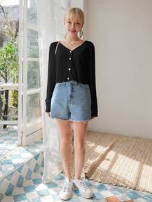DAZY Solid Color V-Neck Slim Fit Short Crop Top Long Sleeve T-Shirt Summer - Black - View 3