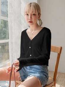 DAZY Solid Color V-Neck Slim Fit Short Crop Top Long Sleeve T-Shirt Summer - Black - View 4