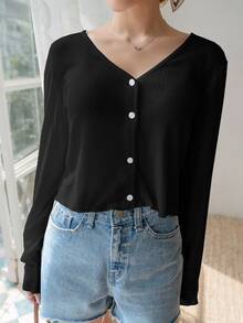 DAZY Solid Color V-Neck Slim Fit Short Crop Top Long Sleeve T-Shirt Summer - Black - View 5