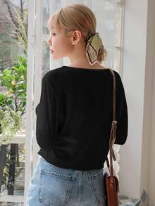 DAZY Solid Color V-Neck Slim Fit Short Crop Top Long Sleeve T-Shirt Summer - Black - View 2