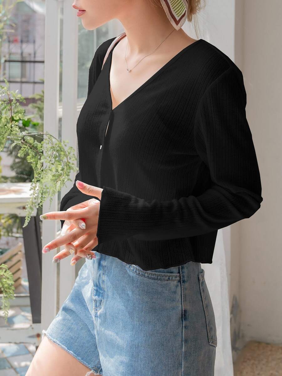 DAZY Solid Color V-Neck Slim Fit Short Crop Top Long Sleeve T-Shirt Summer - Black - View 1