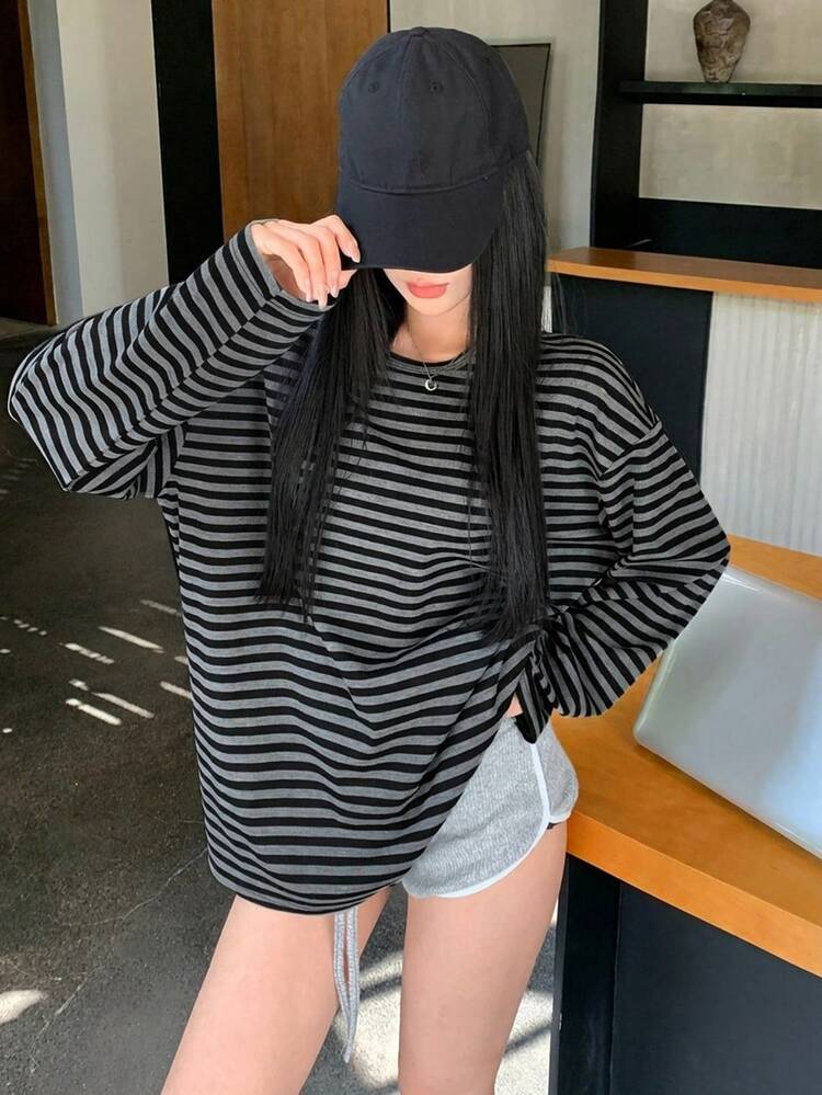 DAZY Spring Autumn Fine Striped Color Block Patchwork Top Casual Streetwear Street Everyday Vacation Long Sleeve Women's T-Shirt Black And White Striped - Grey - View 3