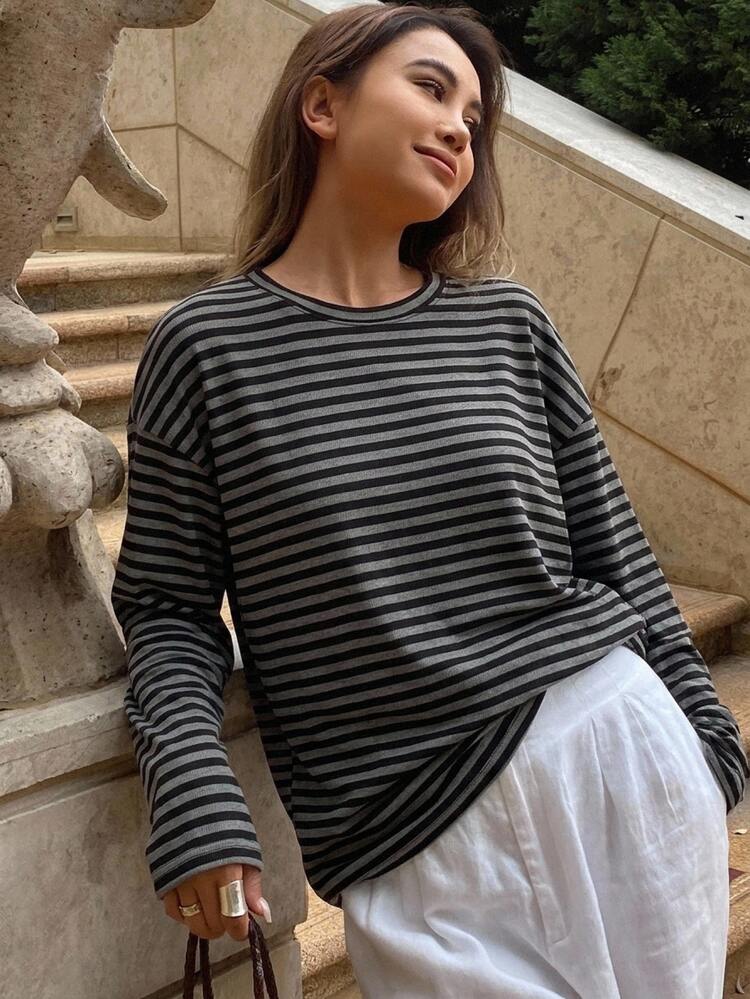 DAZY Spring Autumn Fine Striped Color Block Patchwork Top Casual Streetwear Street Everyday Vacation Long Sleeve Women's T-Shirt Black And White Striped - Grey - View 6