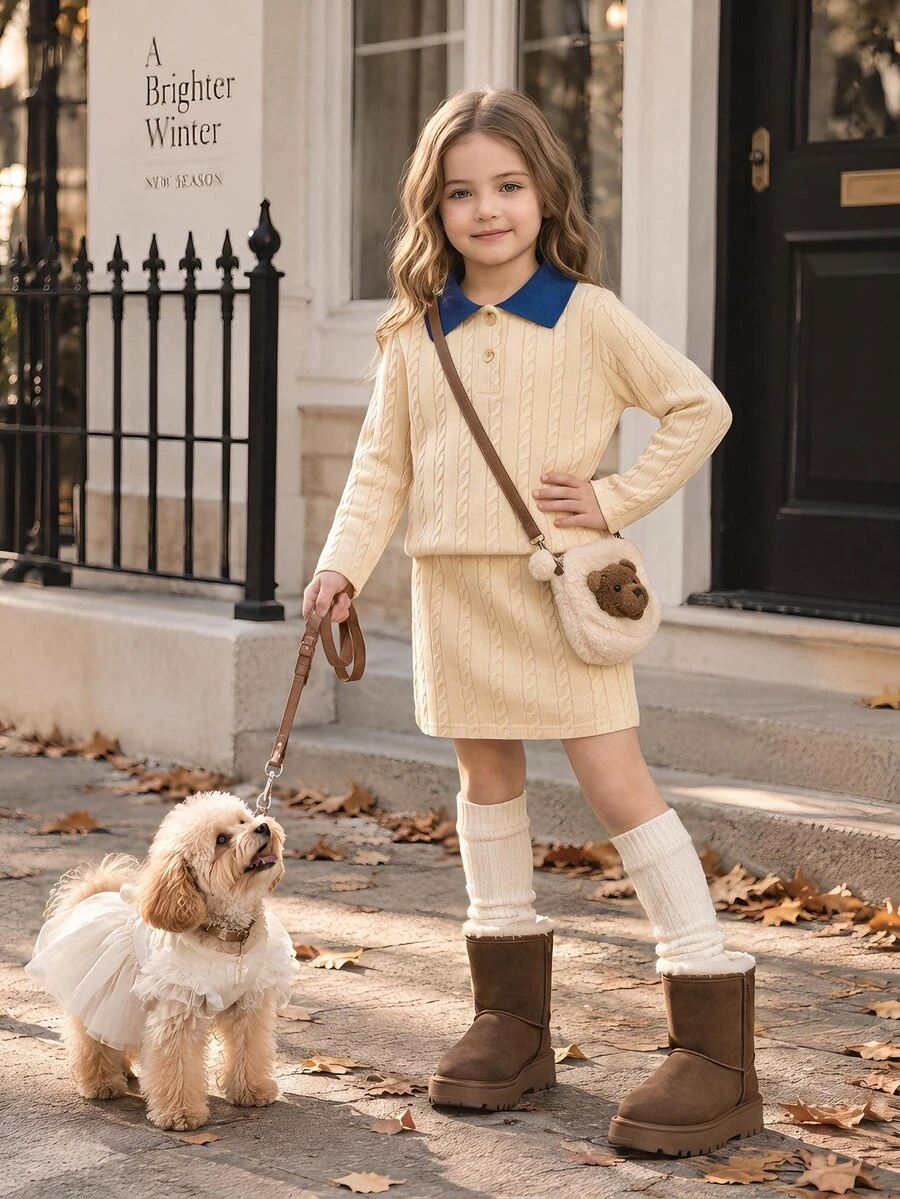 Young Girls 2pcs Set Cable Knit Sweaters Polo Collar Top & Matching Skirt Outfits School Uniform For Fall Style Clothing Pack Fall Outfits - Yellow - View 1