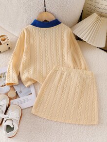 女童 2 件套 粗針編織毛衣 Polo 領上衣與配套裙裝套裝 秋季校服風格服飾包 秋季穿搭 - 黃色 - 查看 2