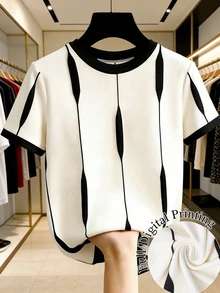 GlowEve Camiseta de mujer de manga corta, cuello redondo y bloque de color, casual de verano - Blanco y Negro - Ver 5