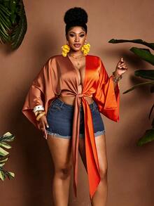 Maweii Plus Size Women Sexy Summer Vacation Tie-Up Casual Color Block Street Daily Commute Loose Top Fall - Multicolor - View 5