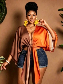 Maweii Plus Size Women Sexy Summer Vacation Tie-Up Casual Color Block Street Daily Commute Loose Top Fall - Multicolor - View 1