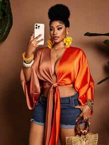 Maweii Plus Size Women Sexy Summer Vacation Tie-Up Casual Color Block Street Daily Commute Loose Top Fall - Multicolor - View 3