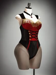 SHEIN ICON Plus Size Sexy Y2K Circus Ringmaster Sexy Bodysuit, Velvet Halloween Cosplay Bodysuit - Multicolor - View 7
