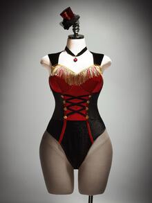 SHEIN ICON Plus Size Sexy Y2K Circus Ringmaster Sexy Bodysuit, Velvet Halloween Cosplay Bodysuit - Multicolor - View 1