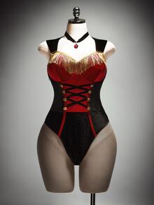 SHEIN ICON Plus Size Sexy Y2K Circus Ringmaster Sexy Bodysuit, Velvet Halloween Cosplay Bodysuit - Multicolor - View 6