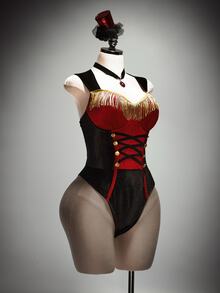 SHEIN ICON Plus Size Sexy Y2K Circus Ringmaster Sexy Bodysuit, Velvet Halloween Cosplay Bodysuit - Multicolor - View 5