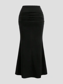 Sweetra Women's Solid Color Pleated Fish Tail Women Skirt - Black - View 2