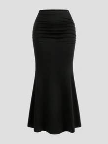 Sweetra Women's Solid Color Pleated Fish Tail Women Skirt - Black - View 3