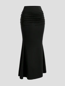Sweetra Women's Solid Color Pleated Fish Tail Women Skirt - Black - View 4