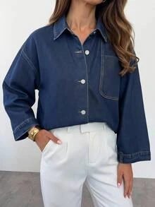 Siren Gaze Women's Loose Denim Jacket With Metal Buckle Decoration - White - View 8
