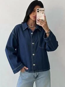Siren Gaze Women's Loose Denim Jacket With Metal Buckle Decoration - White - View 12