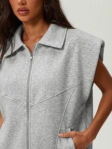 Denimoi Zip Front Sleeveless Sweatshirt Vest Oversized Sweatshirt Casual Outfits Airport Loungewear - Grey - View 6
