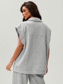 Denimoi Zip Front Sleeveless Sweatshirt Vest Oversized Sweatshirt Casual Outfits Airport Loungewear - Grey - View 2