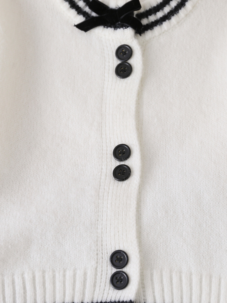 Young Girl Sweet Bow Decor Button Long Sleeve Sweater And Pleated Skirt Set Autumn Fall Pullover - White - View 3