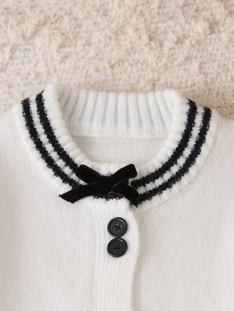 Young Girl Sweet Bow Decor Button Long Sleeve Sweater And Pleated Skirt Set Autumn Fall Pullover - White - View 7
