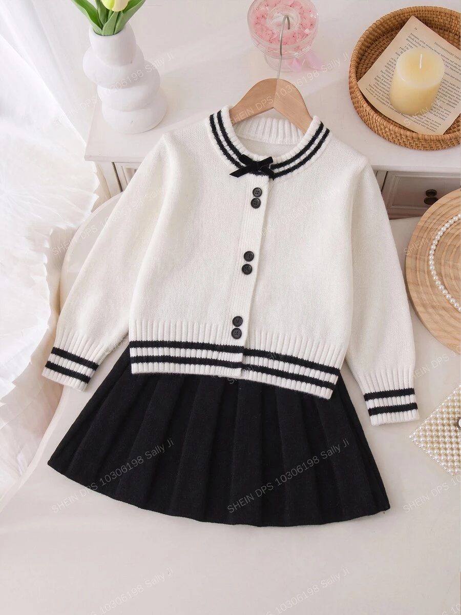 Young Girl Sweet Bow Decor Button Long Sleeve Sweater And Pleated Skirt Set Autumn Fall Pullover