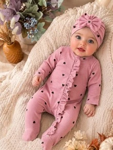 SHEIN 2pcs Newborn Baby Girl Footed Romper Sweet Pink Heart Ribbed Ruffle Bow Long Sleeve Round Neck Regular Holiday Fall Princess Ballet Jumpsuit - Pink - View 1