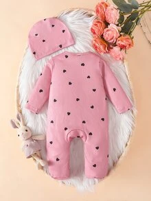 SHEIN 2pcs Newborn Baby Girl Footed Romper Sweet Pink Heart Ribbed Ruffle Bow Long Sleeve Round Neck Regular Holiday Fall Princess Ballet Jumpsuit - Pink - View 2