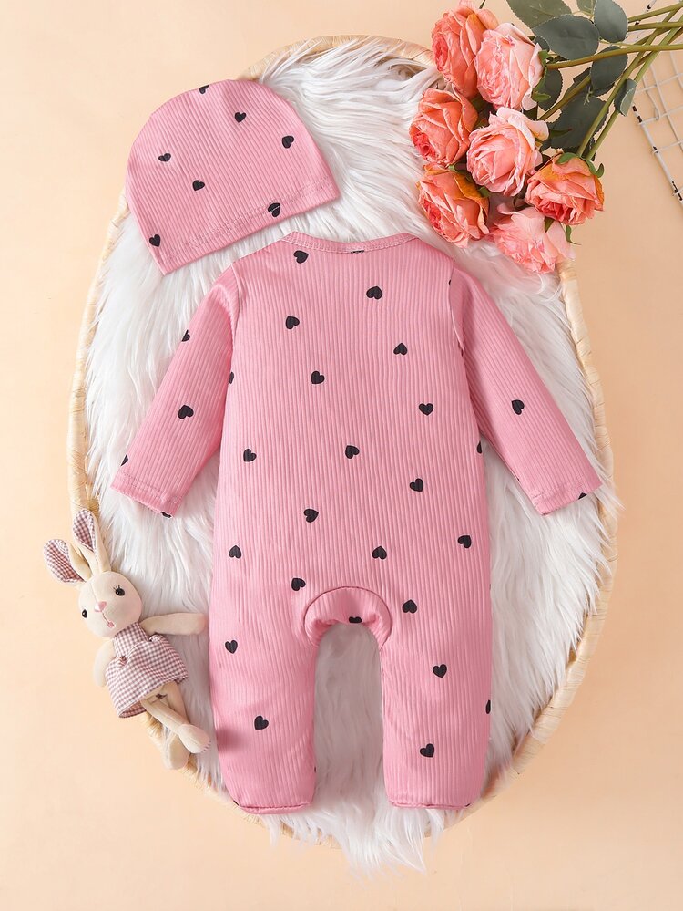 SHEIN 2pcs Newborn Baby Girl Footed Romper Sweet Pink Heart Ribbed Ruffle Bow Long Sleeve Round Neck Regular Holiday Fall Princess Ballet Jumpsuit - Pink - View 2