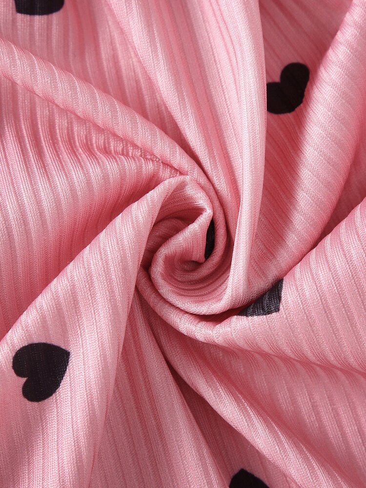 SHEIN 2pcs Newborn Baby Girl Footed Romper Sweet Pink Heart Ribbed Ruffle Bow Long Sleeve Round Neck Regular Holiday Fall Princess Ballet Jumpsuit - Pink - View 3
