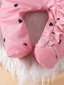 SHEIN 2pcs Newborn Baby Girl Footed Romper Sweet Pink Heart Ribbed Ruffle Bow Long Sleeve Round Neck Regular Holiday Fall Princess Ballet Jumpsuit - Pink - View 7