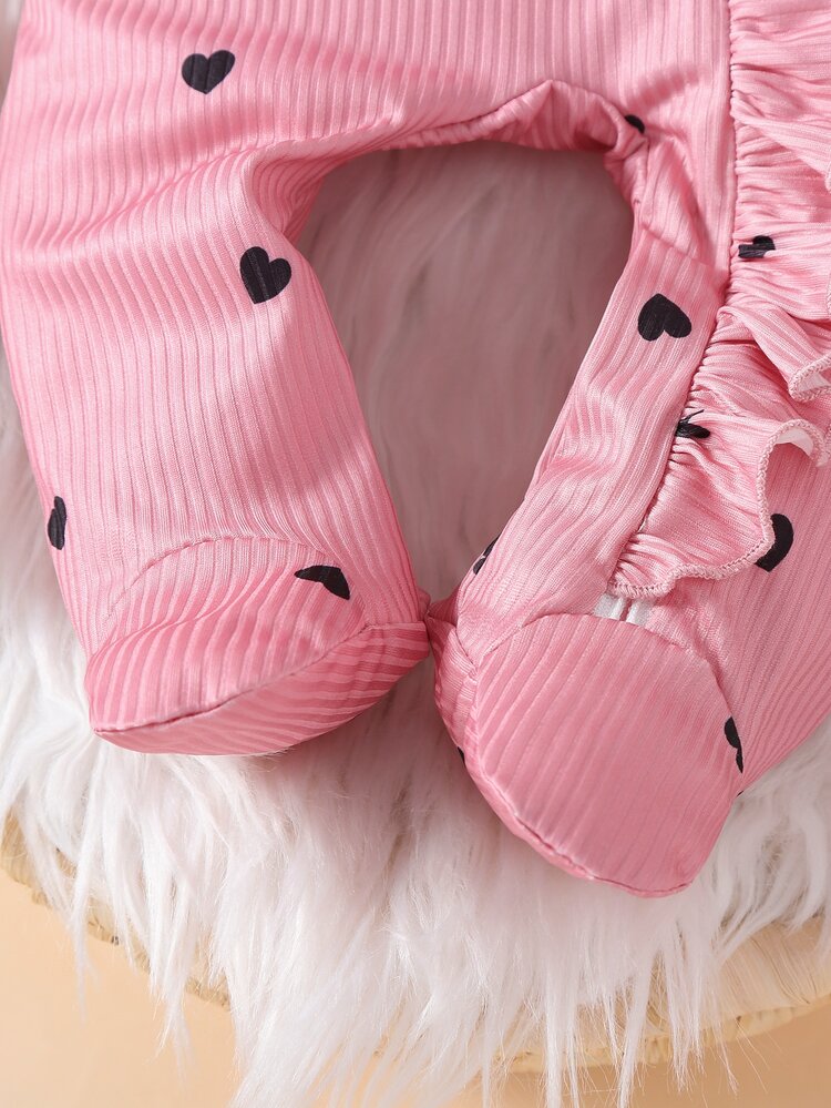 SHEIN 2pcs Newborn Baby Girl Footed Romper Sweet Pink Heart Ribbed Ruffle Bow Long Sleeve Round Neck Regular Holiday Fall Princess Ballet Jumpsuit - Pink - View 7