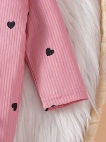 SHEIN 2pcs Newborn Baby Girl Footed Romper Sweet Pink Heart Ribbed Ruffle Bow Long Sleeve Round Neck Regular Holiday Fall Princess Ballet Jumpsuit - Pink - View 8