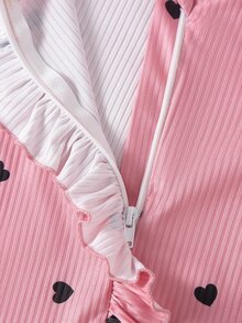 SHEIN 2pcs Newborn Baby Girl Footed Romper Sweet Pink Heart Ribbed Ruffle Bow Long Sleeve Round Neck Regular Holiday Fall Princess Ballet Jumpsuit - Pink - View 4