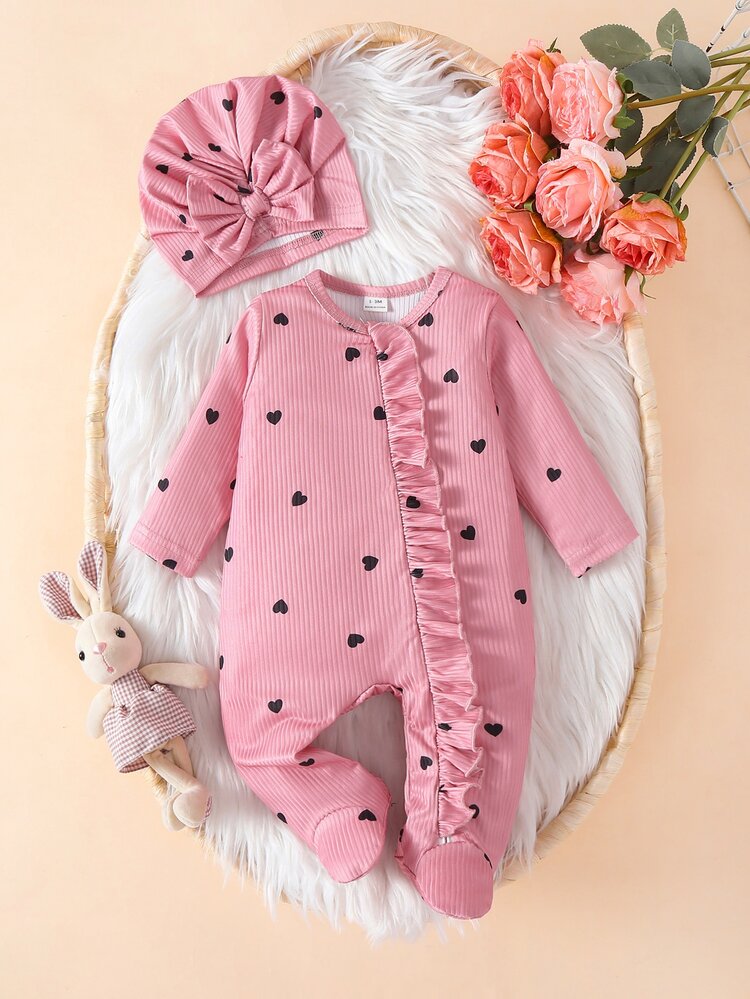 SHEIN 2pcs Newborn Baby Girl Footed Romper Sweet Pink Heart Ribbed Ruffle Bow Long Sleeve Round Neck Regular Holiday Fall Princess Ballet Jumpsuit - Pink - View 6