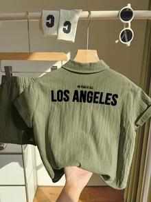 2pcs/Set Young Boys Cute Letter Print Short Sleeve Top And Shorts Set,Solid Color Summer Party Wear Outfit For Spring/Summer - Army Green - View 6