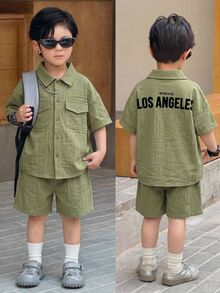 2pcs/Set Young Boys Cute Letter Print Short Sleeve Top And Shorts Set,Solid Color Summer Party Wear Outfit For Spring/Summer - Army Green - View 1