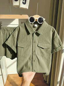 2pcs/Set Young Boys Cute Letter Print Short Sleeve Top And Shorts Set,Solid Color Summer Party Wear Outfit For Spring/Summer - Army Green - View 3