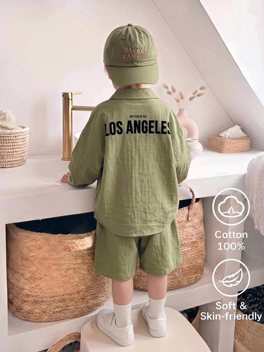 2pcs/Set Young Boys Cute Letter Print Short Sleeve Top And Shorts Set,Solid Color Summer Party Wear Outfit For Spring/Summer - Army Green - View 1