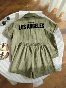 2pcs/Set Young Boys Cute Letter Print Short Sleeve Top And Shorts Set,Solid Color Summer Party Wear Outfit For Spring/Summer - Army Green - View 4