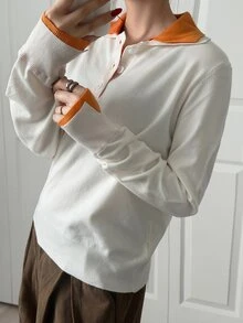 FRIFUL Women's Colorblock Casual Preppy Daily Everyday School Long Sleeve Sweater Orange And White Autumn - Apricot - View 9