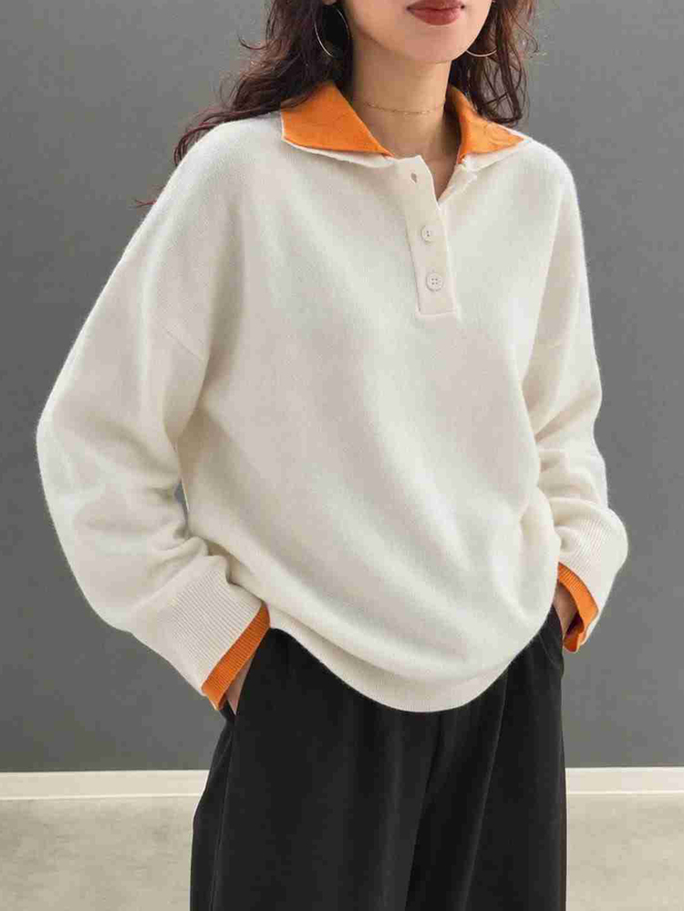 FRIFUL Women's Colorblock Casual Preppy Daily Everyday School Long Sleeve Sweater Orange And White Autumn - Apricot - View 2