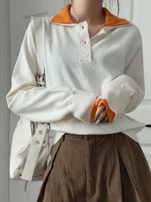 FRIFUL Women's Colorblock Casual Preppy Daily Everyday School Long Sleeve Sweater Orange And White Autumn - Apricot - View 4