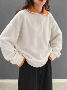 FRIFUL Women's Colorblock Casual Preppy Daily Everyday School Long Sleeve Sweater Orange And White Autumn - Apricot - View 1