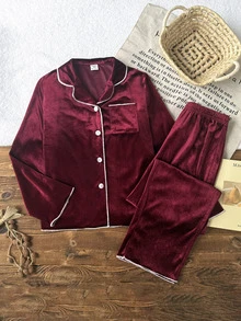 SHEIN Tween Girls Kids Simple Comfortable Soft Velvet Fabric Pocket Long Sleeve Pants 2 Pieces Set Loungewear Autumn/Winter/All Season Halloween/Christmas - Burgundy - View 2