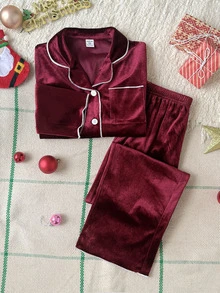 SHEIN Tween Girls Kids Simple Comfortable Soft Velvet Fabric Pocket Long Sleeve Pants 2 Pieces Set Loungewear Autumn/Winter/All Season Halloween/Christmas - Burgundy - View 4